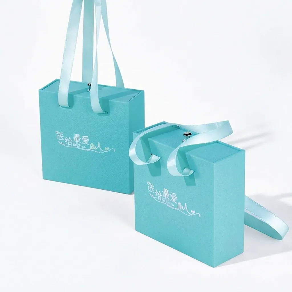 Elegant Tiffany Blue Drawer Jewelry Box With Ribbon Handle Portable Gift Packaging Box For Ring Necklace Earring Storage Valentine Day Gift