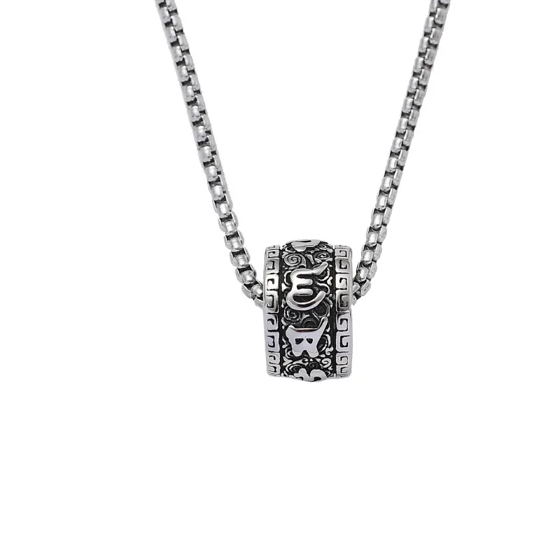 Collier Pendentif Mantra Tibétain en Acier Inoxydable Vintage Argent Antique Moulin à Prière Bijoux Ethniques Religieux Hommes Femmes