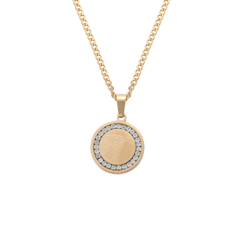 Professional Stainless Steel Medical Caduceus Snake Staff Pendant Necklace Round Pave Rhinestone Doctors Healthcare Men Jewelry