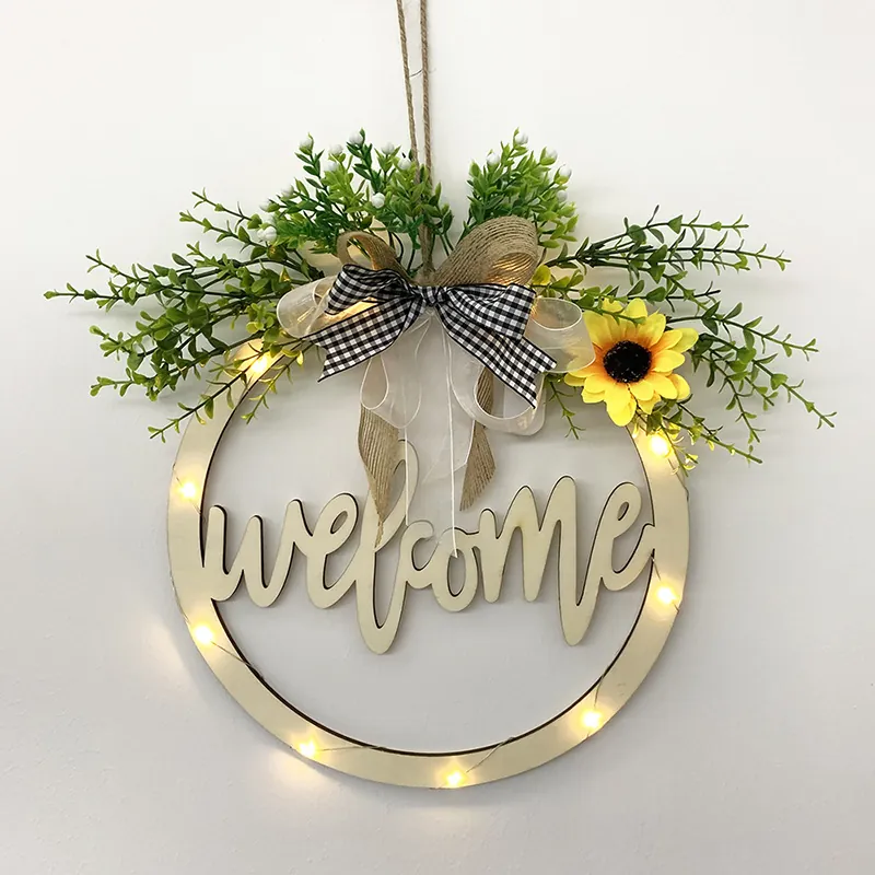 Rustic Pine Wood Welcome Sign Door Hanging Wreath With LED Light Hollow Out Letter Sunflower Bowknot For Home Decoration