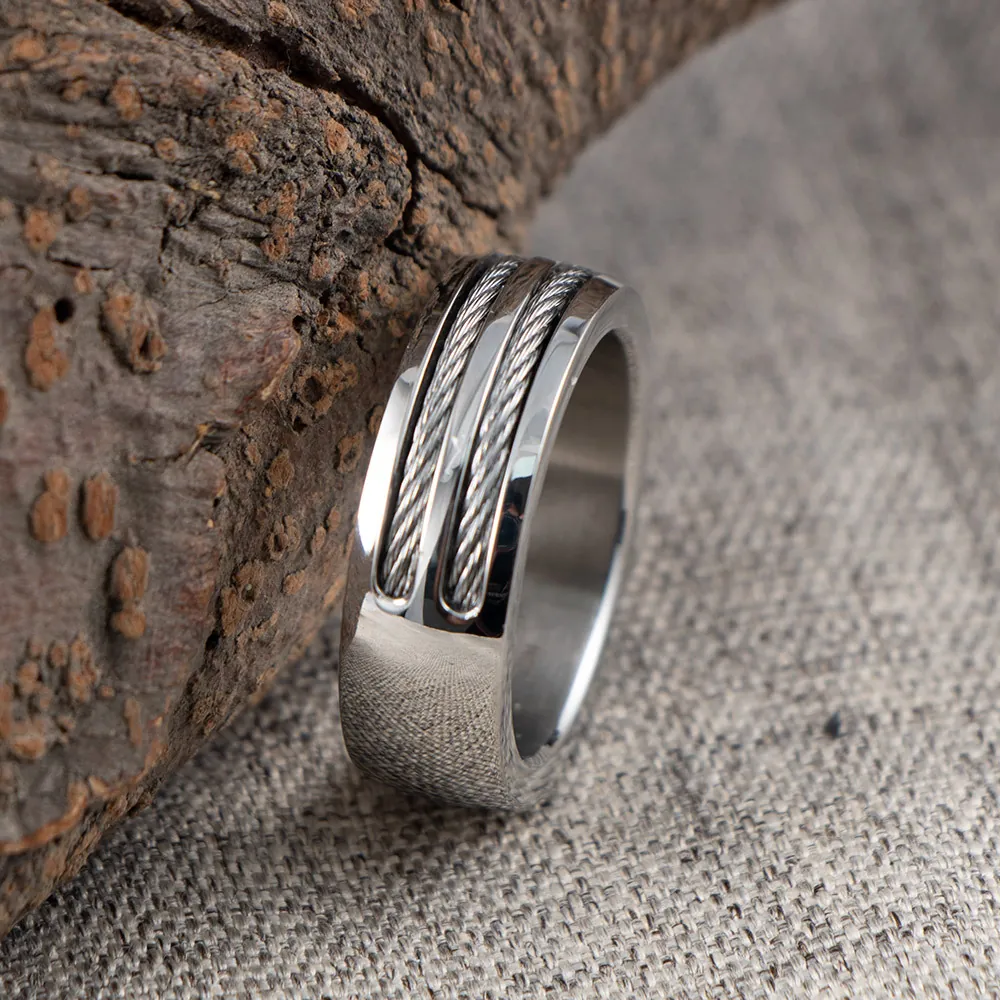 Industrial Men Titanium Steel Ring Double Cable Wire Rope Inlay Wide Band Polished Finger Ring Boyfriend Style Punk Jewelry Gift