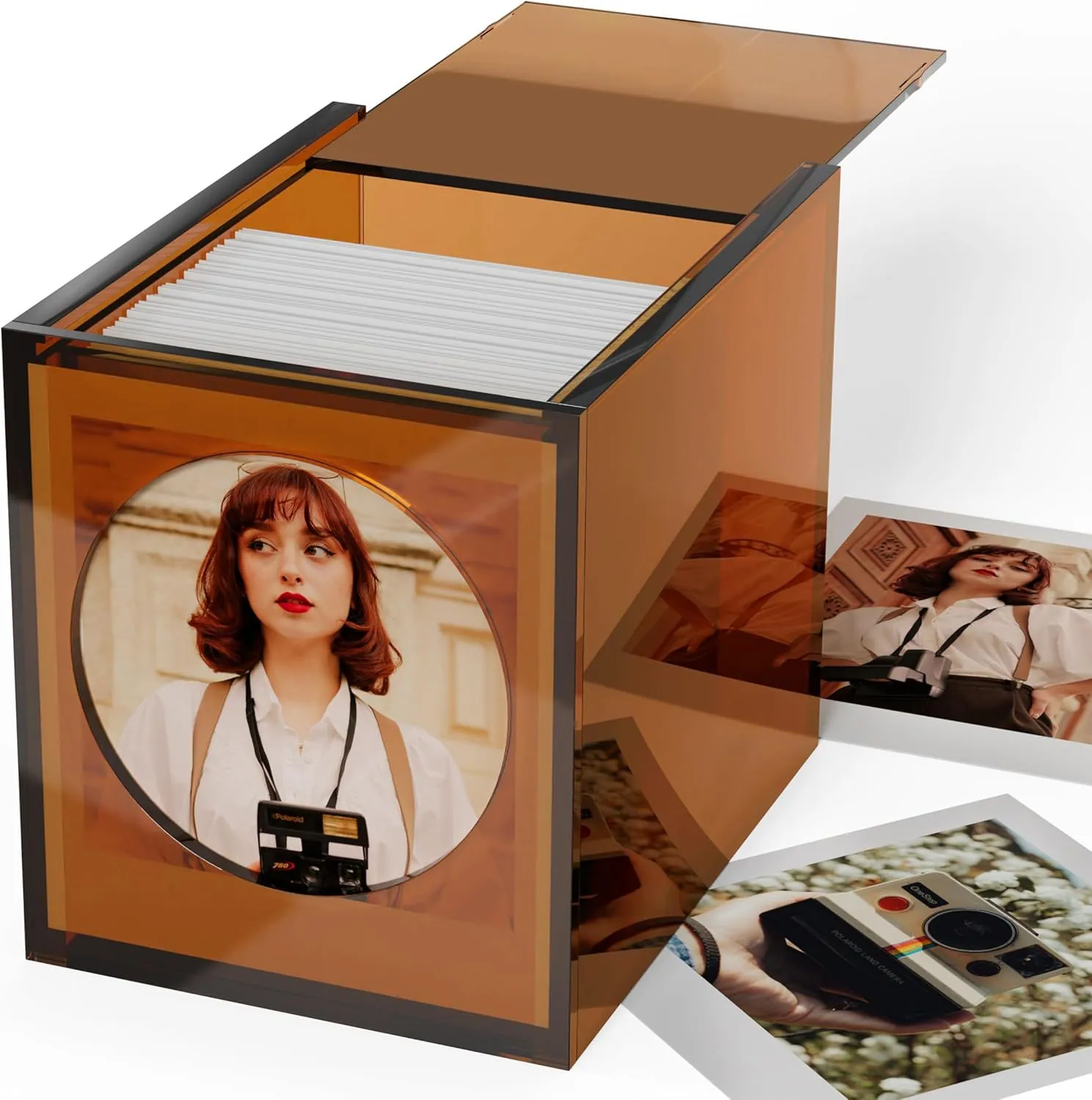 Amber Acrylic Film Photo Storage Box Retro Card Organizer Flip Picture Frame Cube Display Case For Desktop Home Decor