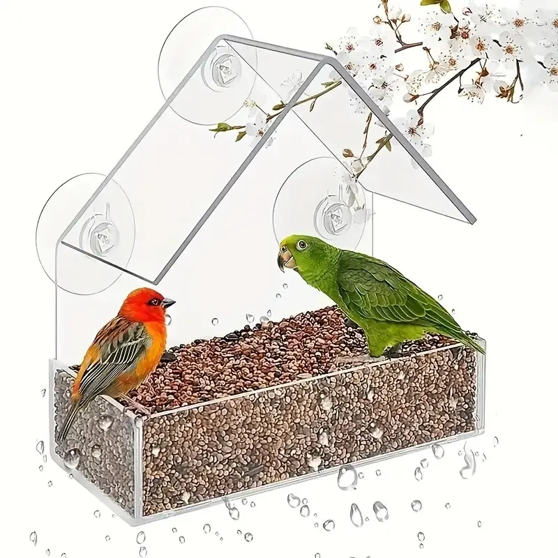 Clear Acrylic Window Bird Feeder House Shaped Feeding Station With Strong Suction Cups Transparent Outdoor Bird Feeder