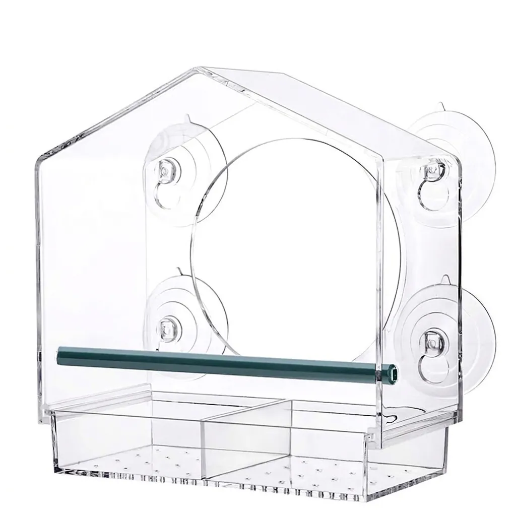 House Shaped Clear Acrylic Window Bird Feeder With Strong Suction Cups And Perch Transparent Bird Seed Tray For Observation