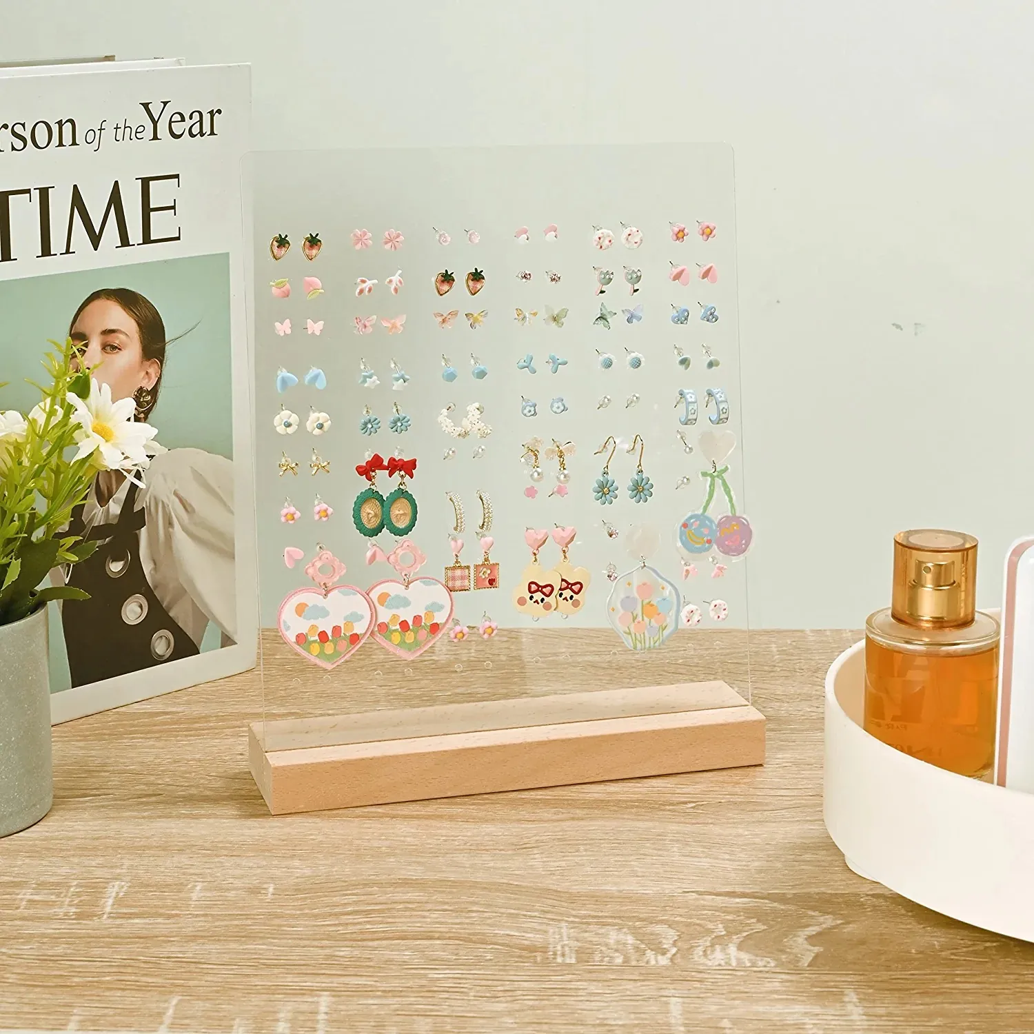 Clear Acrylic Earring Organizer Stand With Wooden Base Multi Hole Jewelry Display For Studs Necklaces Nordic Style Rack