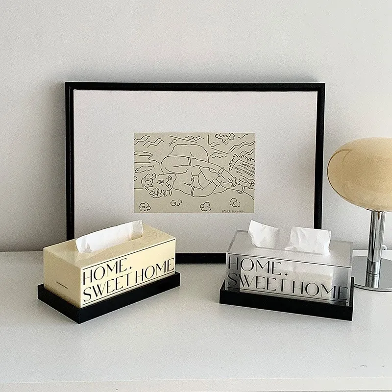 Moderner Minimalistischer Acryl Taschentuchbox Cremeweiß Matt Home Sweet Home Buchstabendruck Desktop Papier Aufbewahrungsbox