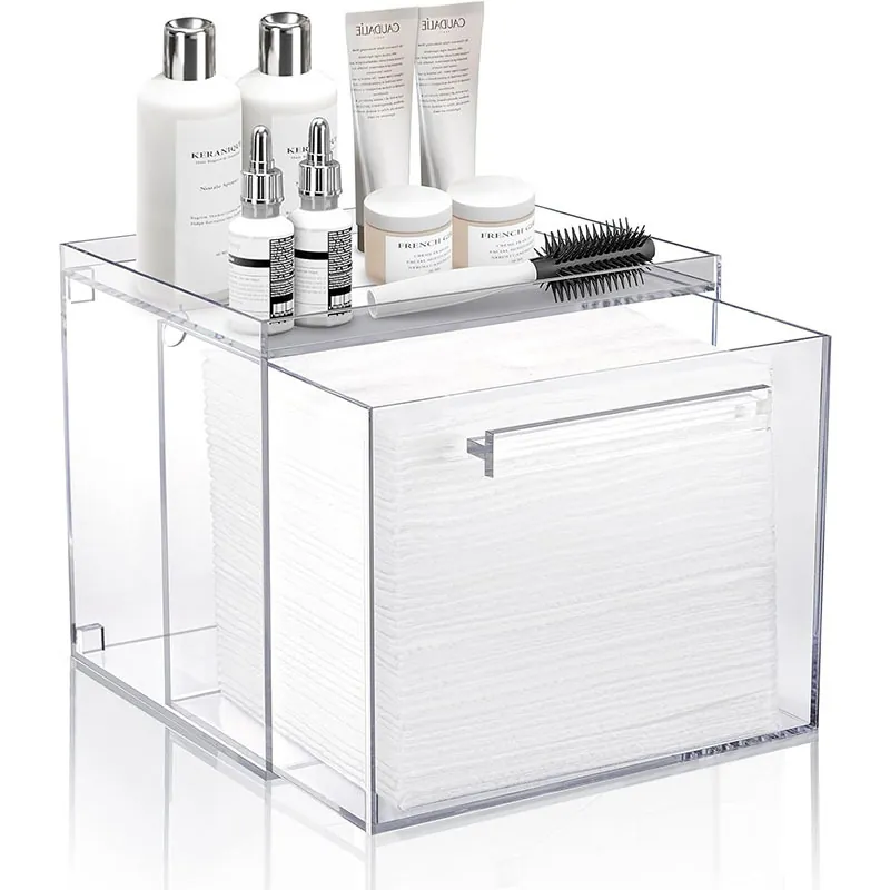 Clear Acrylic Disposable Face Towel Storage Box Bathroom Vanity Facial Tissue Organizer Case With Drawer Multi Purpose