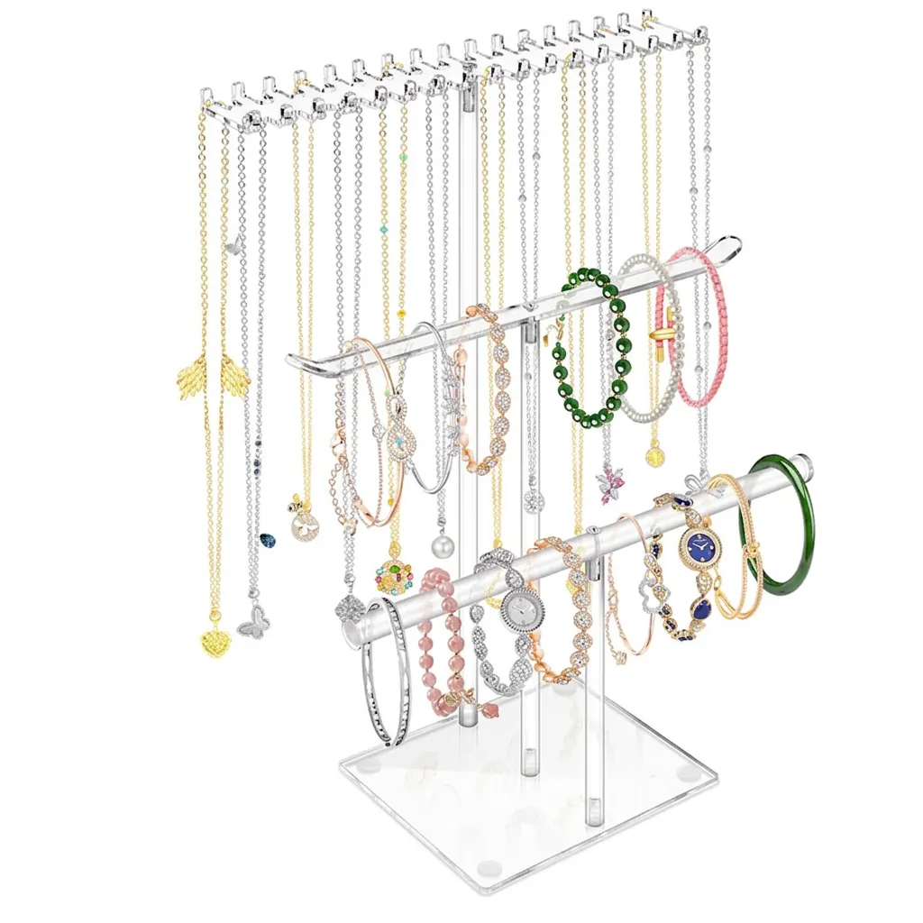 Clear Acrylic Multi Layer T Bar Jewelry Display Stand For Necklace Bracelet Watch Organizer Artistic Style Desktop Holder