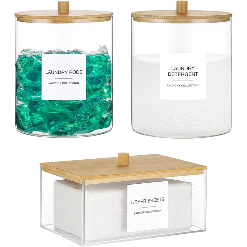 Support de Feuilles de Sèche-Linge en Acrylique Récipient Transparent pour Capsules de Lessive Avec Couvercle en Bambou