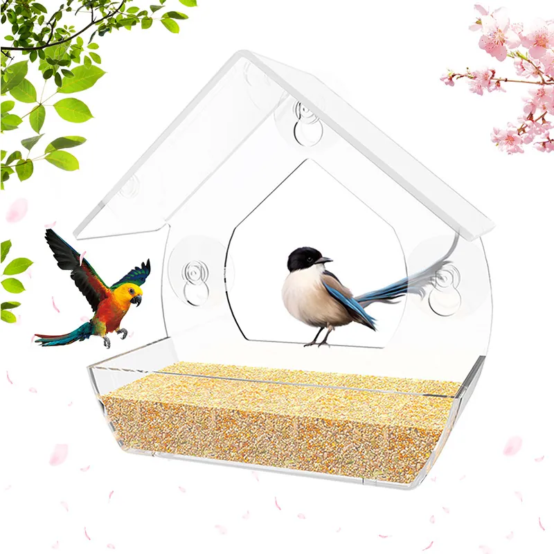 Mangeoire Oiseaux Fenêtre en Acrylique Transparent Avec Ventouses Fortes Forme Maison Résistant aux Intempéries Extérieur