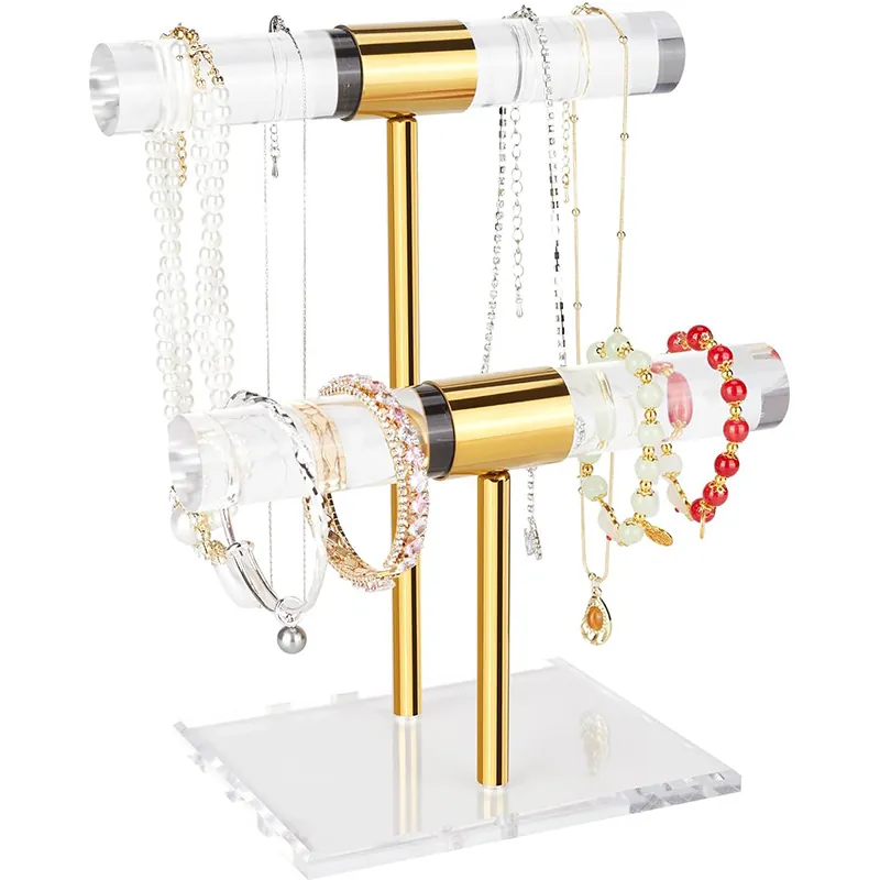 Modern Golden Metal Acrylic Jewelry Display Stand T-Bar Necklace Bracelet Organizer Double Tier Transparent Desktop Storage Rack