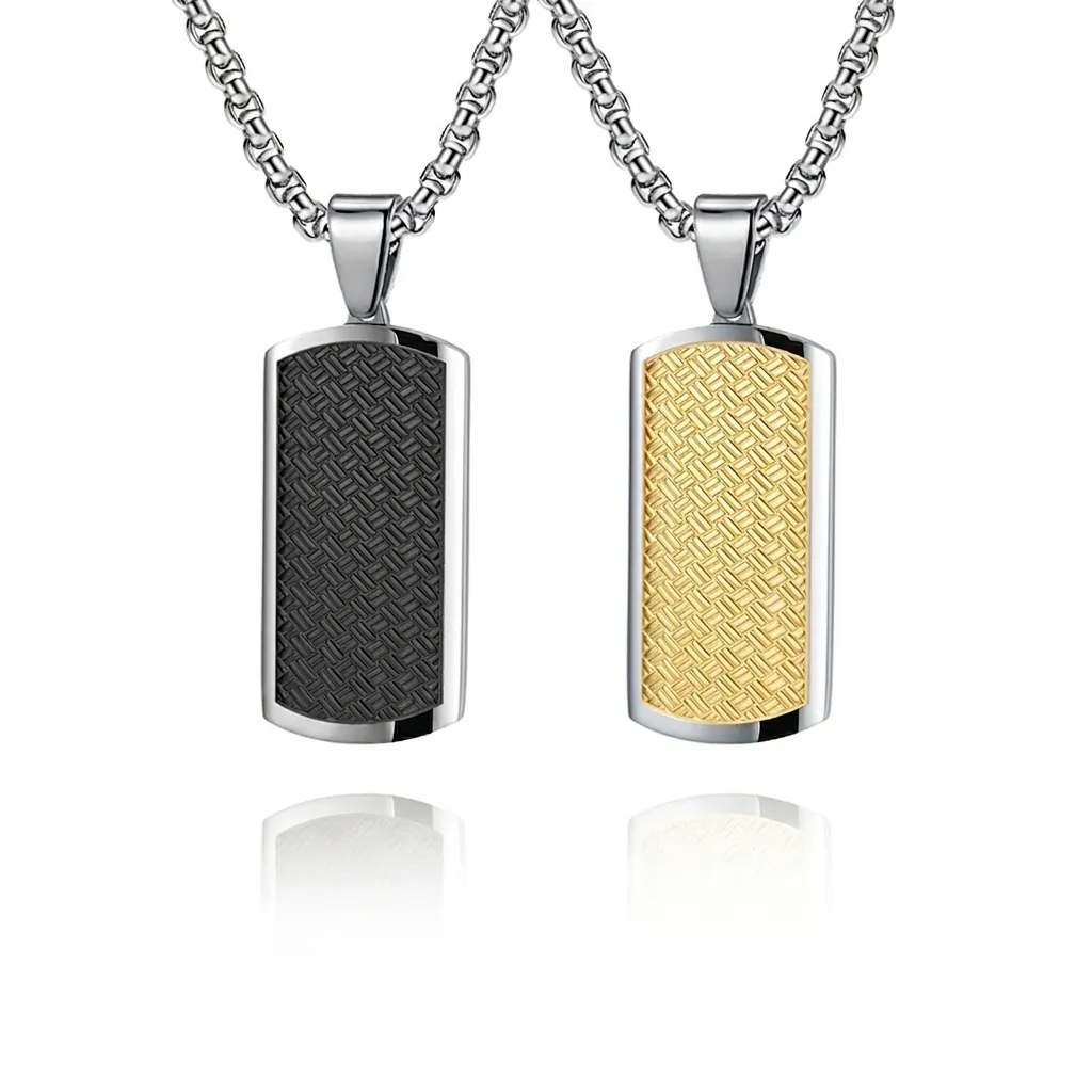 Minimalist Titanium Steel Rectangular Pendant Necklace Woven Texture Geometric Dog Tag Fashion Punk Jewelry For Men Women