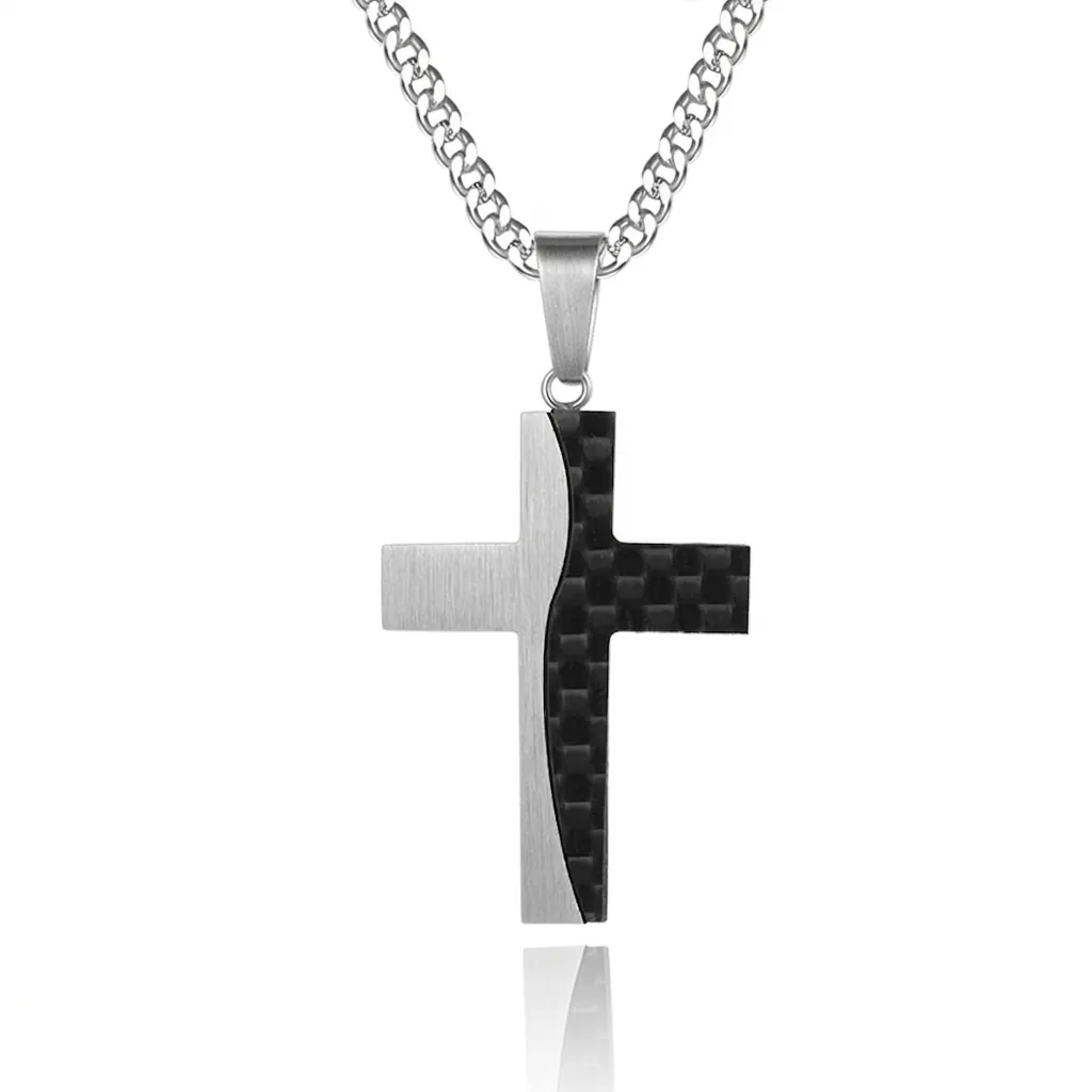 Stainless Steel Cross Pendant Necklace For Men With Black Carbon Fiber Inlay Religious Christian Jewelry Gift For Him