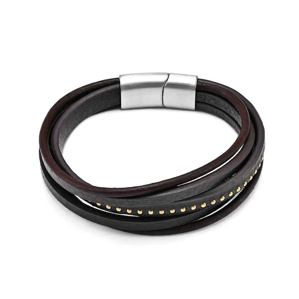 Multi Layer Braided Leather Bracelet With Stainless Steel Magnetic Clasp Gold Silver Beads Retro Hip Hop Jewelry For Men