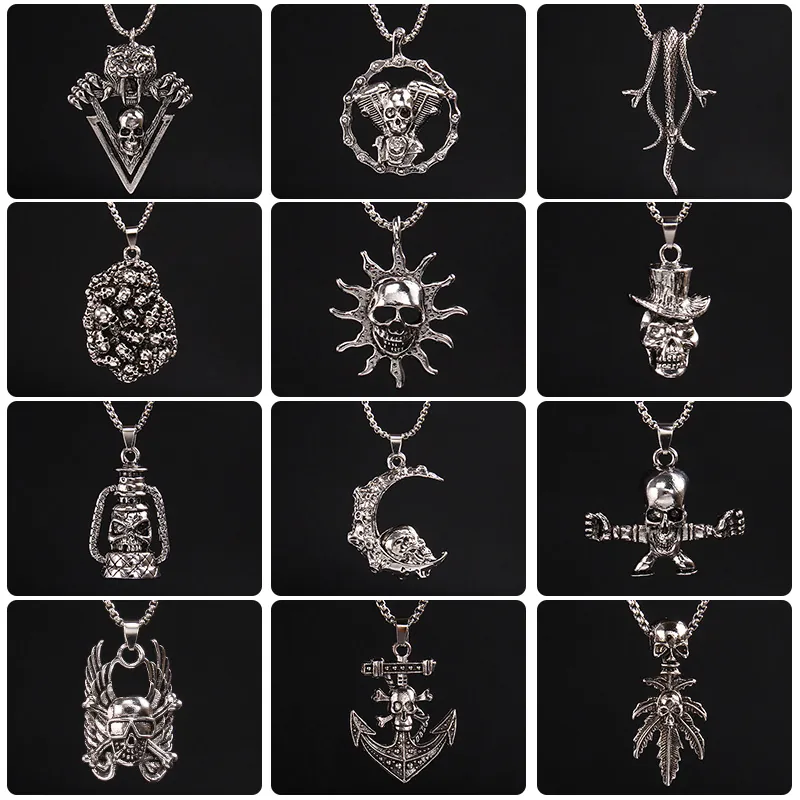 Punk Gothic Skull Pendant Necklace For Men Stainless Steel Alloy Heavy Metal Vintage Skeleton Halloween Jewelry Gift