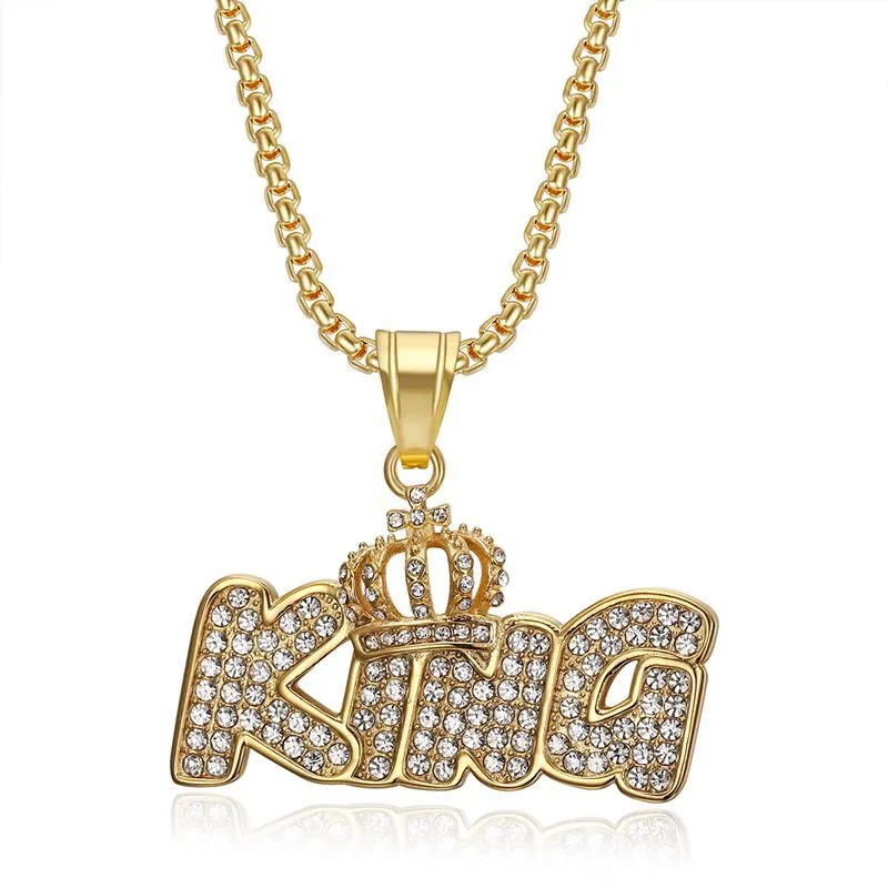 Hip Hop Titanium Steel Gold Plated King Letter Pendant Necklace With Crown Pave Rhinestone Fashion Streetwear Jewelry For Men Women