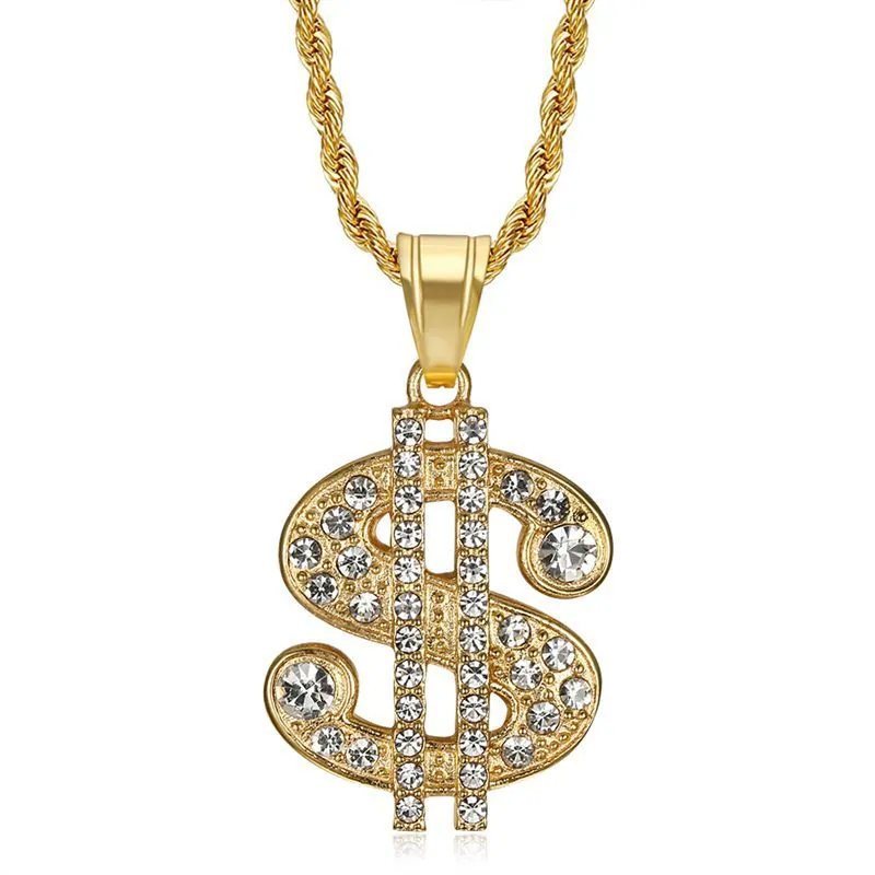 Hip Hop Dollar Sign Pendant Necklace For Men Titanium Steel Iced Out Rhinestone Pave Money Symbol Gold Silver Plated Jewelry