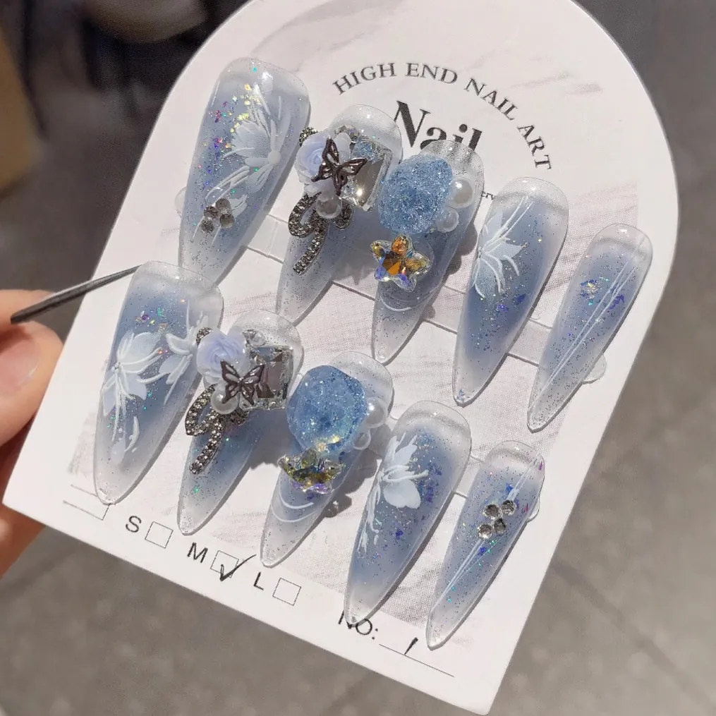 Handmade Long Stiletto Press On Nails Ice Translucent Gradient Blue Purple 3D Butterfly Artificial Pearl Rhinestone Nail Patches