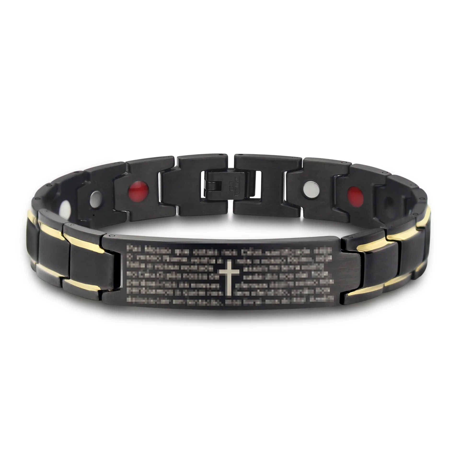 Stainless Steel Magnetic Therapy Bracelet Lord Prayer Cross Engraved Black Gold Tone Men Biker Links Fashion Jewelry