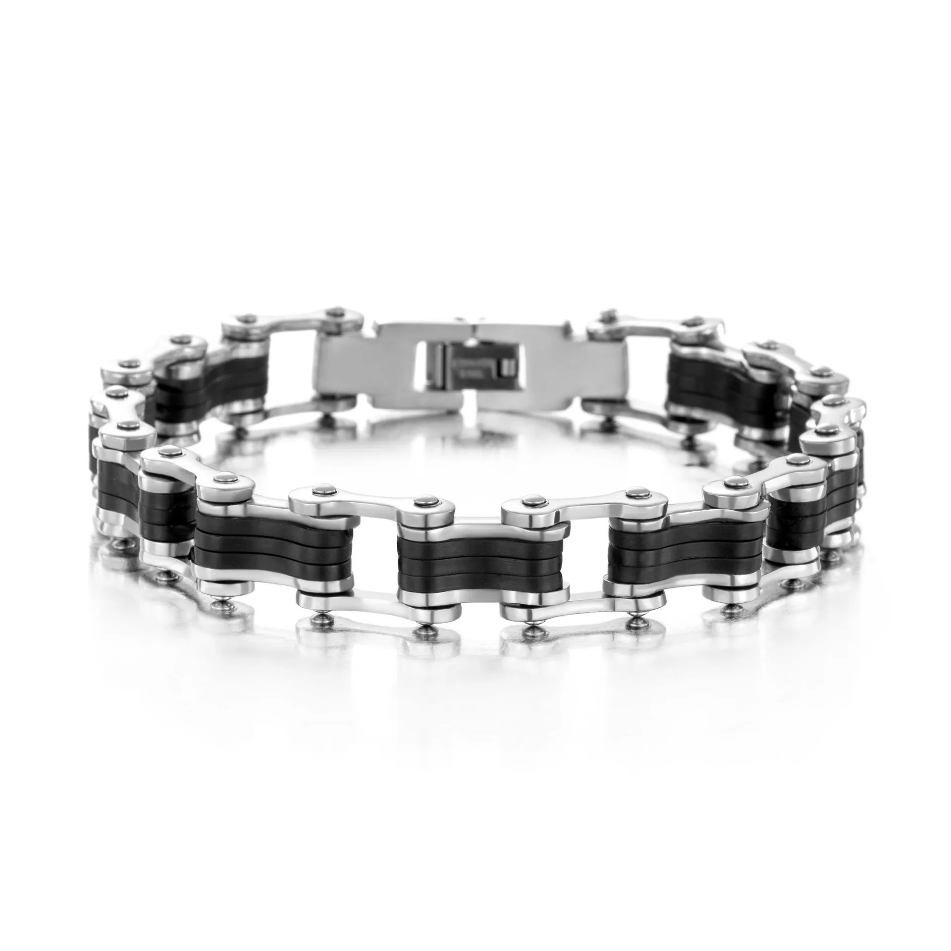 Men Stainless Steel Bicycle Chain Bracelet Punk Mechanical Industrial Style Silver Black Silicone Wristband Fashion Jewelry