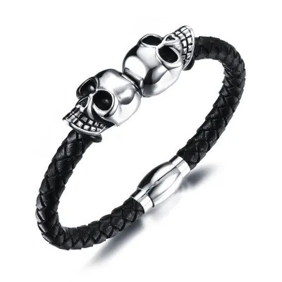 Men Vintage Punk Skull Braided Leather Bracelet Titanium Stainless Steel Magnetic Buckle Rock Style Fashion Jewelry
