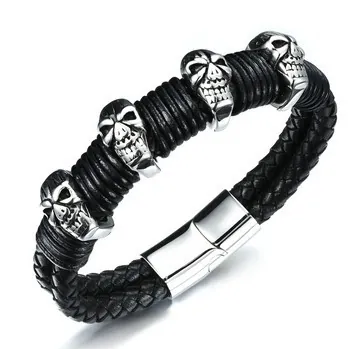 Men Punk Skull Leather Bracelet Stainless Steel Magnetic Clasp Braided Cord Gothic Rock Biker Fashion Jewelry Hand Accessory
