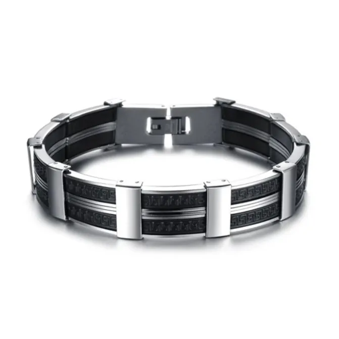 Minimalist Stainless Steel Silicone Bracelet For Men Polished Greek Key Pattern Geometric Industrial Style Men Bangle Jewelry
