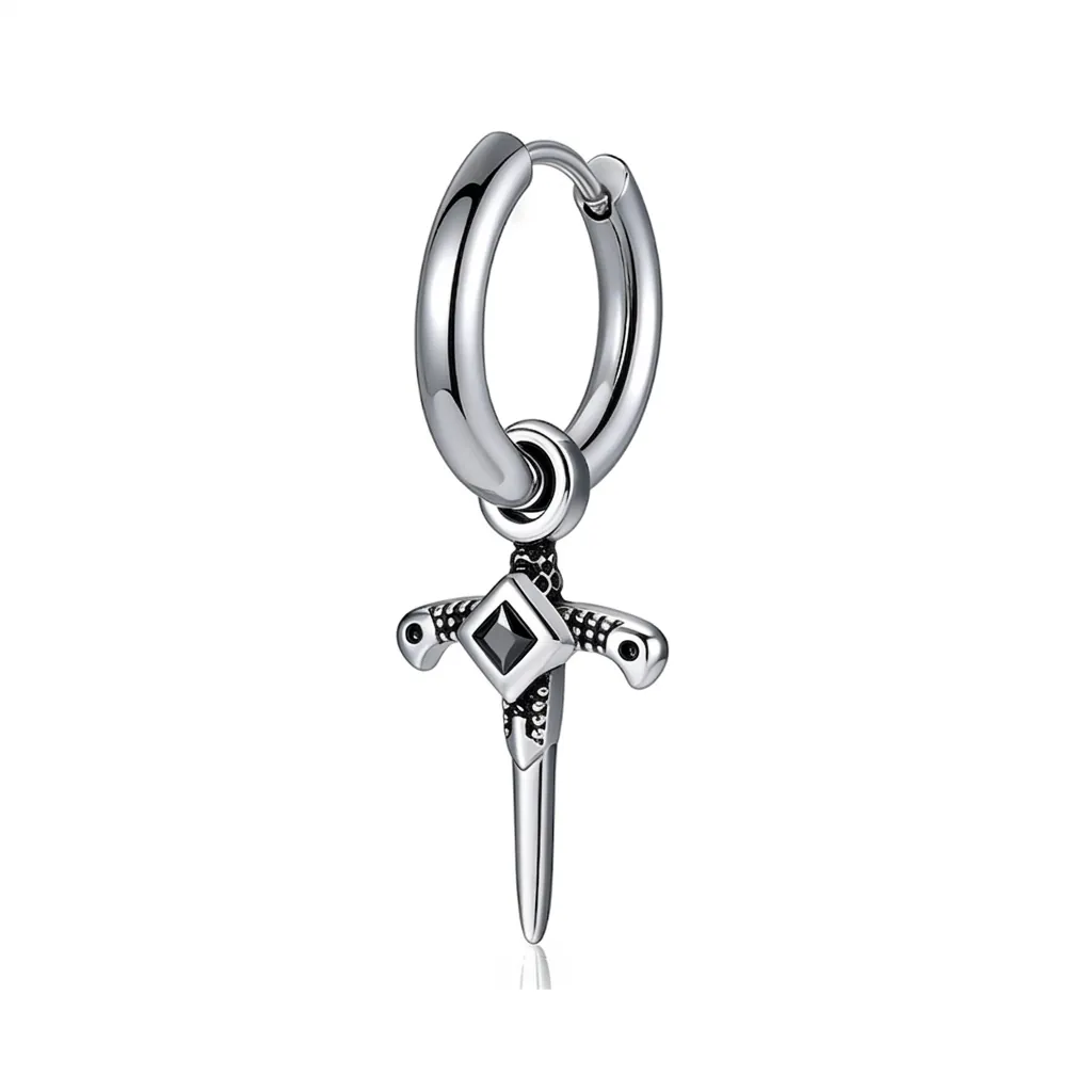 Vintage Men's Stainless Steel Dagger Sword Hoop Earrings Gothic Punk Black Agate Stone Cross Drop Earrings For Men Jewelry
