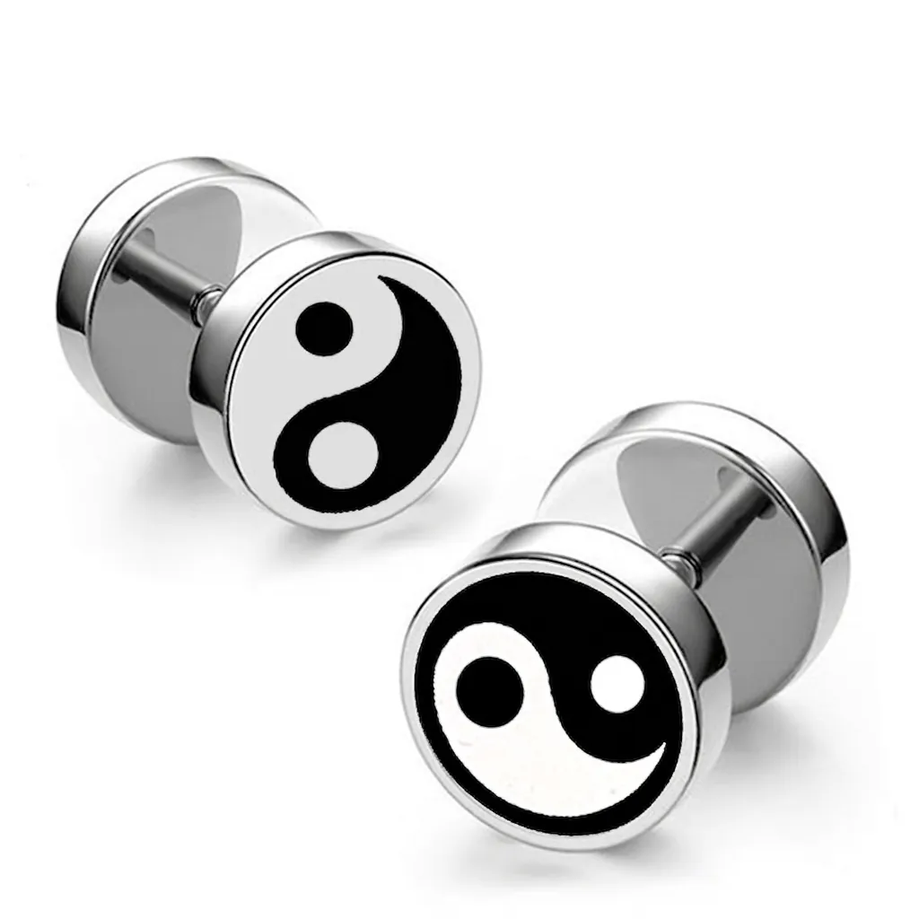 Unisex Stainless Steel Tai Chi Yin Yang Stud Earrings Barbell Dumbbell Screw Back Black Enamel Ear Jewelry For Men Women