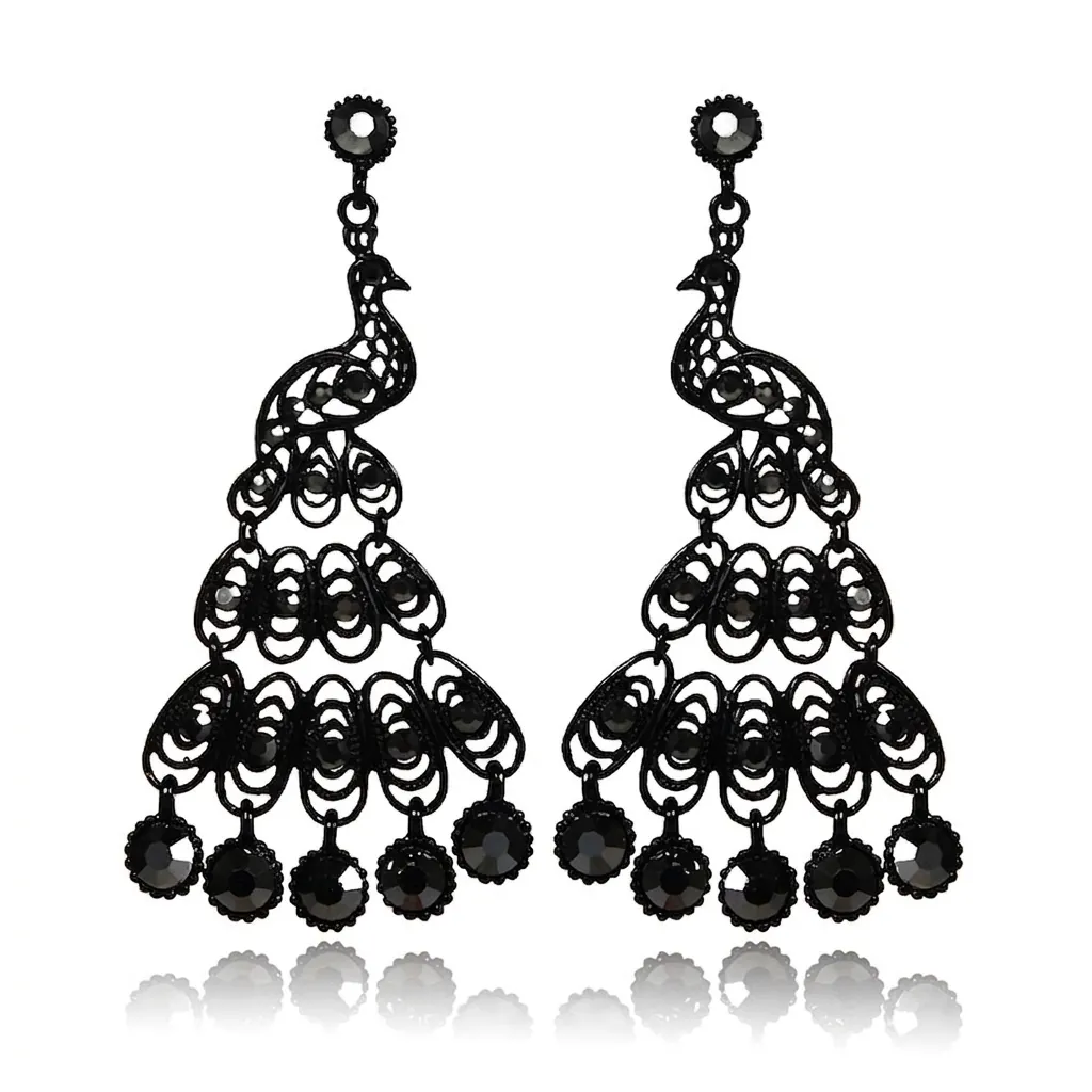 Orecchini Pendenti a Forma di Pavone in Lega con Strass Neri Vintage Orecchini Lunghi Esagerati per Feste in Discoteca per Donna Gioielli
