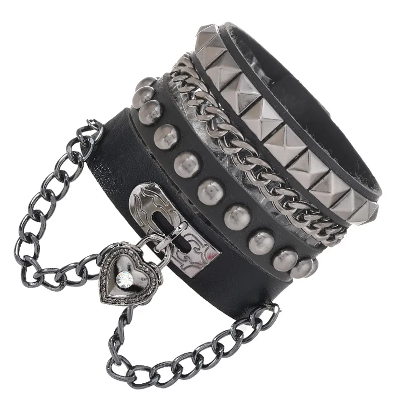 Men Punk Multi-layer Leather Bracelet With Heart Lock Pendant Alloy Chain Rivet Studded Gothic Hip Hop Biker Jewelry Black