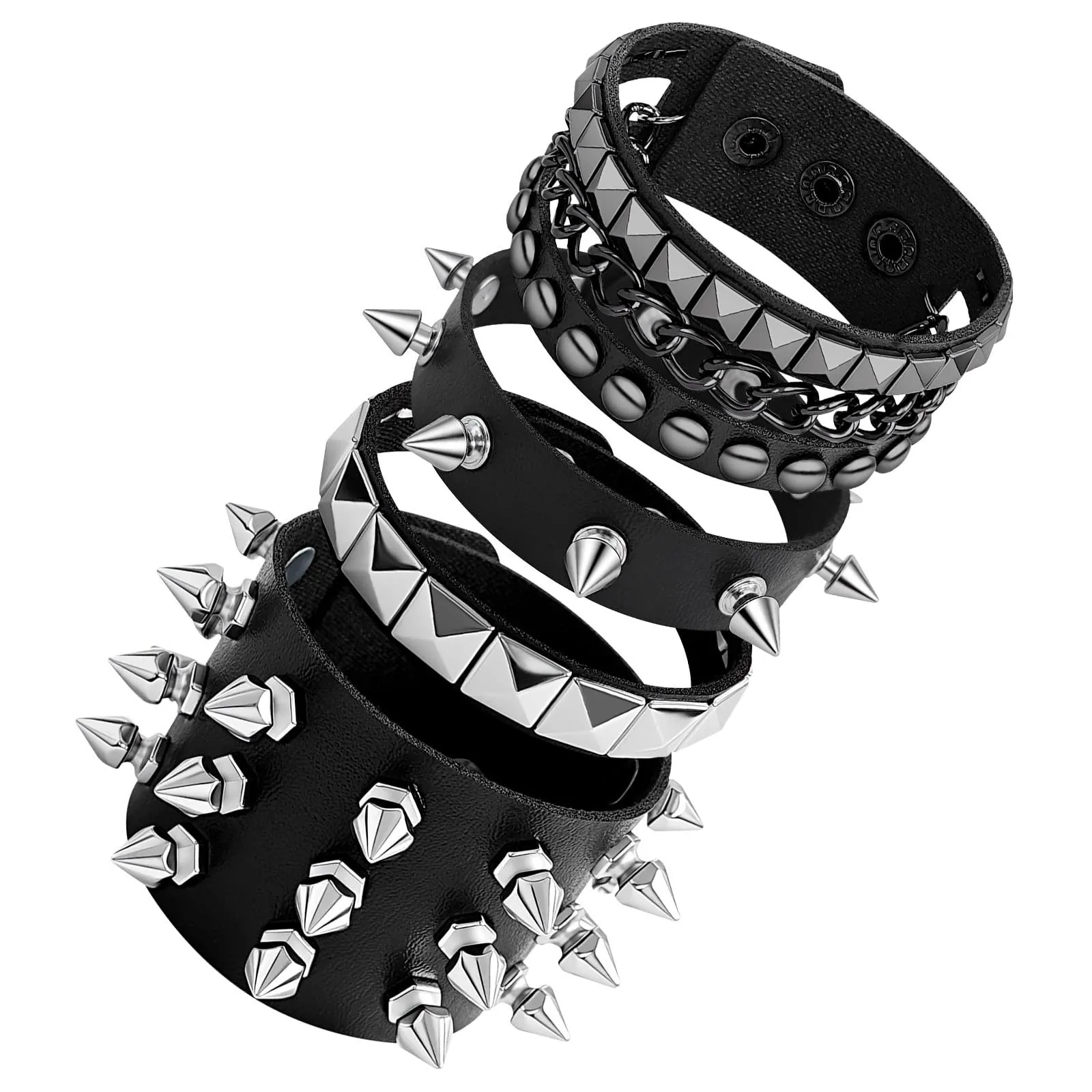 Punk Spike Leather Bracelet Set For Men Gothic Rock Rivet Studded Cuff Adjustable Handmade Jewelry Black Wristband