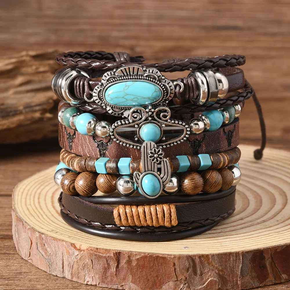 Men Retro Bohemian Bracelet Set Leather Wood Bead Cactus Cattle Bull Head Pattern Turquoise Inlaid Alloy Jewelry Adjustable Bangle