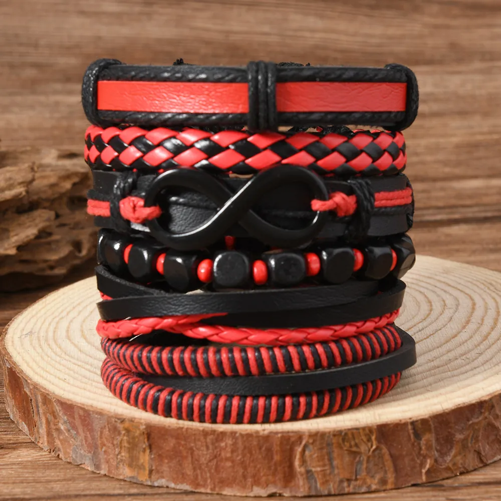 Vintage Punk Multi-Layer Braided Leather Bracelet Set For Men Women Infinity Symbol Alloy Bead Adjustable Wrap Jewelry