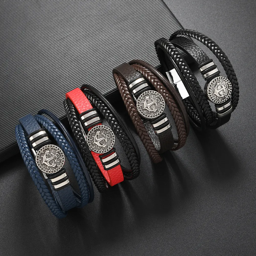 Retro Men Multi-layer Leather Bracelet Alloy Anchor Charm Punk Style Handmade Woven Rope Wristband Nautical Jewelry Gift