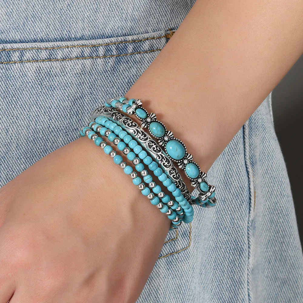 Bohemian Bracelets Wood Beads Synthetic Turquoise Bull Head Boots Leaf Ethnic Stackable Stretch Jewelry For Unisex