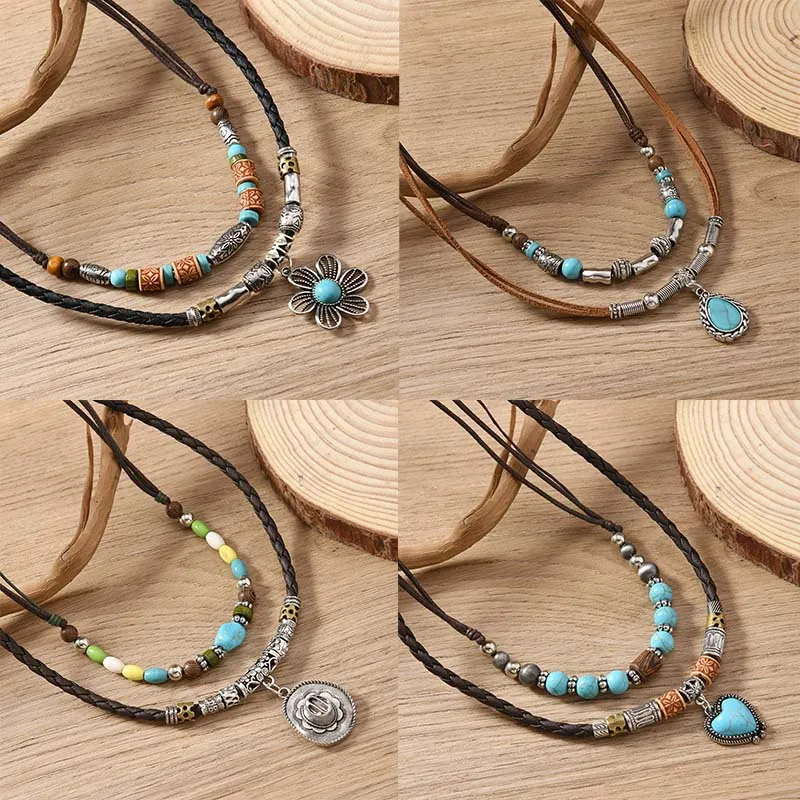 Bohemian Vintage Double Layer Necklace For Women Retro Ethnic Style Alloy Artificial Turquoise Pendant Handmade Braided Wax Rope Jewelry Gift