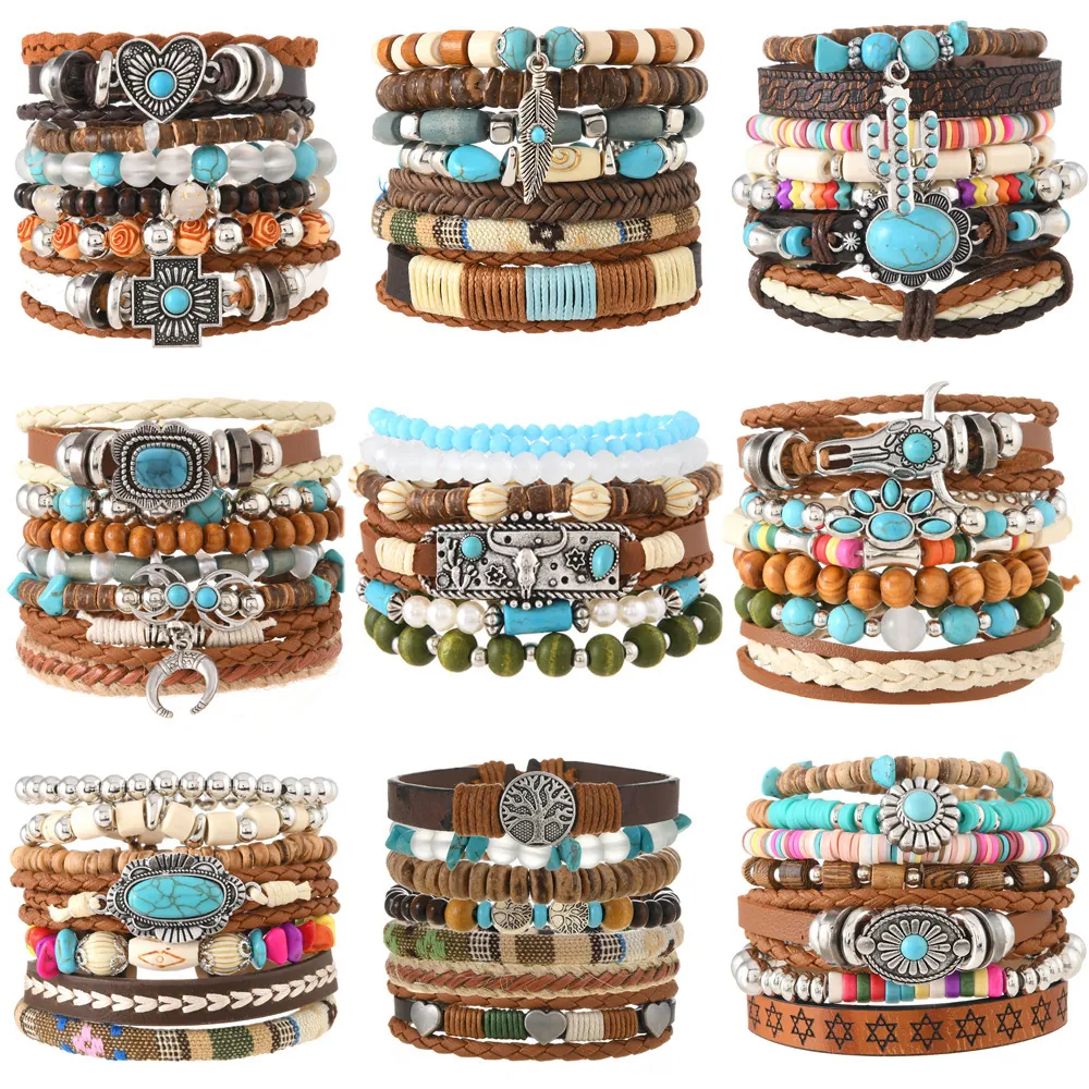 Vintage Bohemian Multilayer Leather Bracelet Men Women Turquoise Wood Bead Alloy Heart Cross Charm Ethnic Jewelry