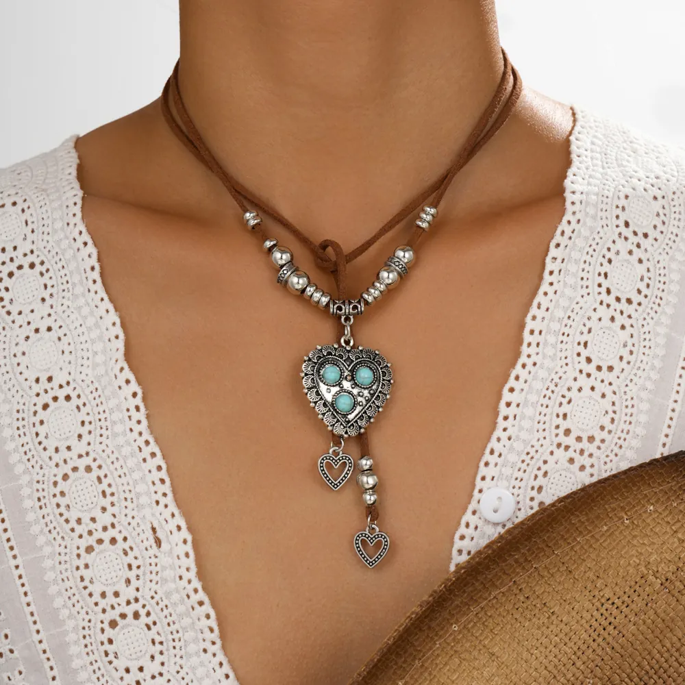 Bohemian Vintage Alloy Heart Pendant Necklace With Artificial Turquoise Beads Brown Synthetic Suede Cord Ethnic Jewelry