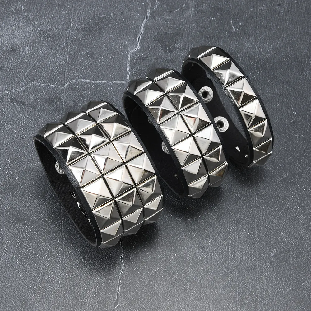 Punk Rock Black Leather Bracelet Square Rivet Bangle For Men Women Gothic Street Style Adjustable Snap Button Jewelry