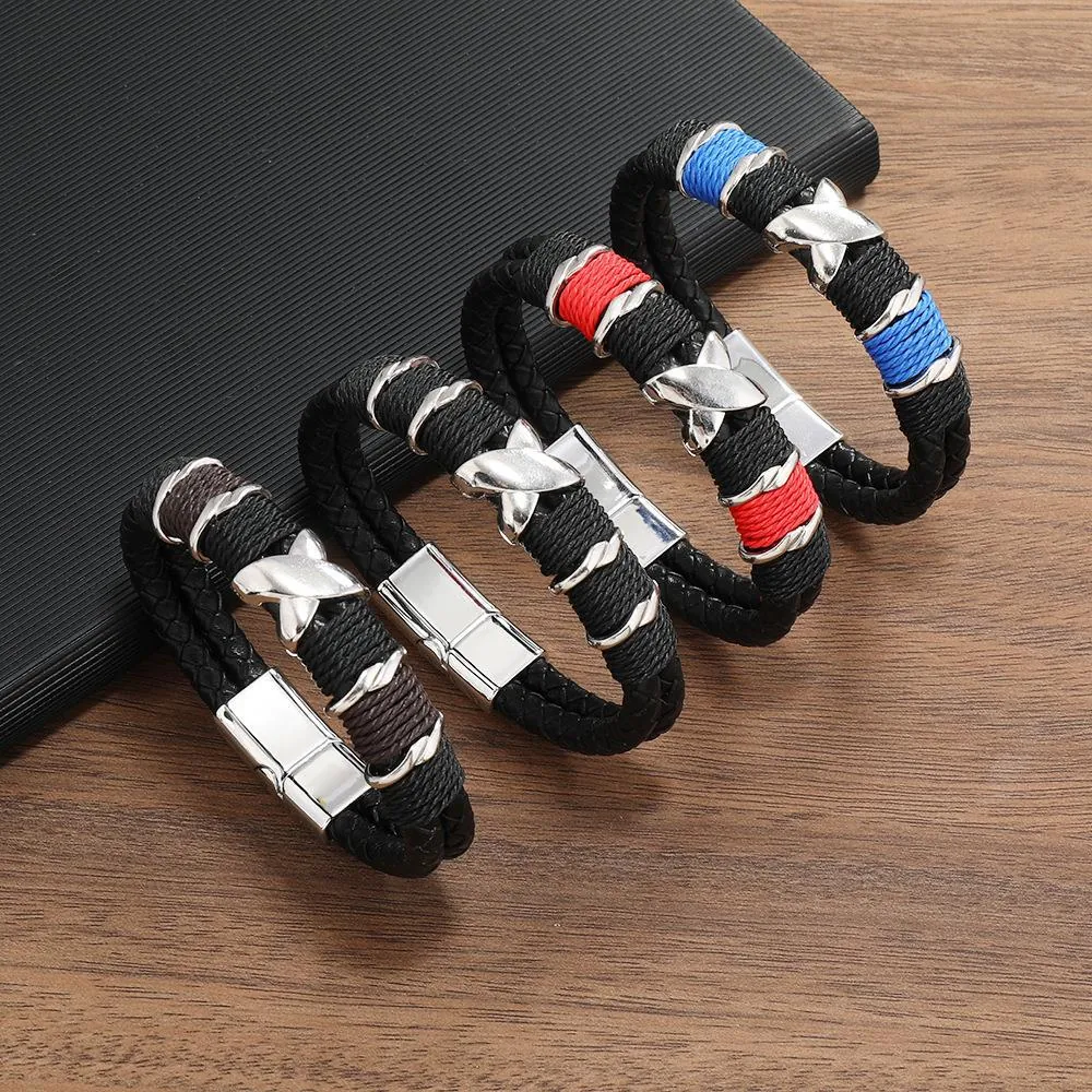 Men's Genuine Leather Braided Bracelet Multi-Layer Trendy Handmade Bracelet With Magnetic Clasp Alloy X Decoration Fashion Jewelry Wristband