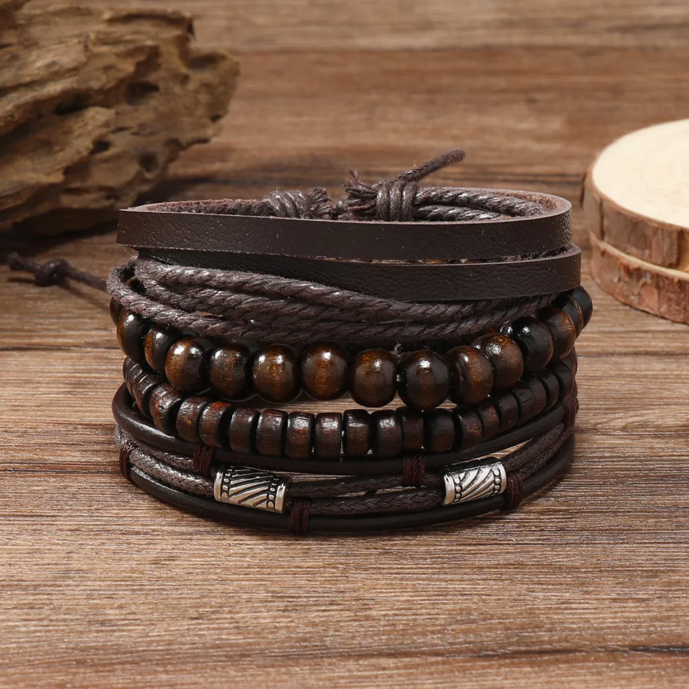 Men's Vintage Multi-Layer Leather Bracelet Hand-Woven Cord Wood Beads Adjustable Bohemian Punk Style Brown Leather Wrap Bracelet