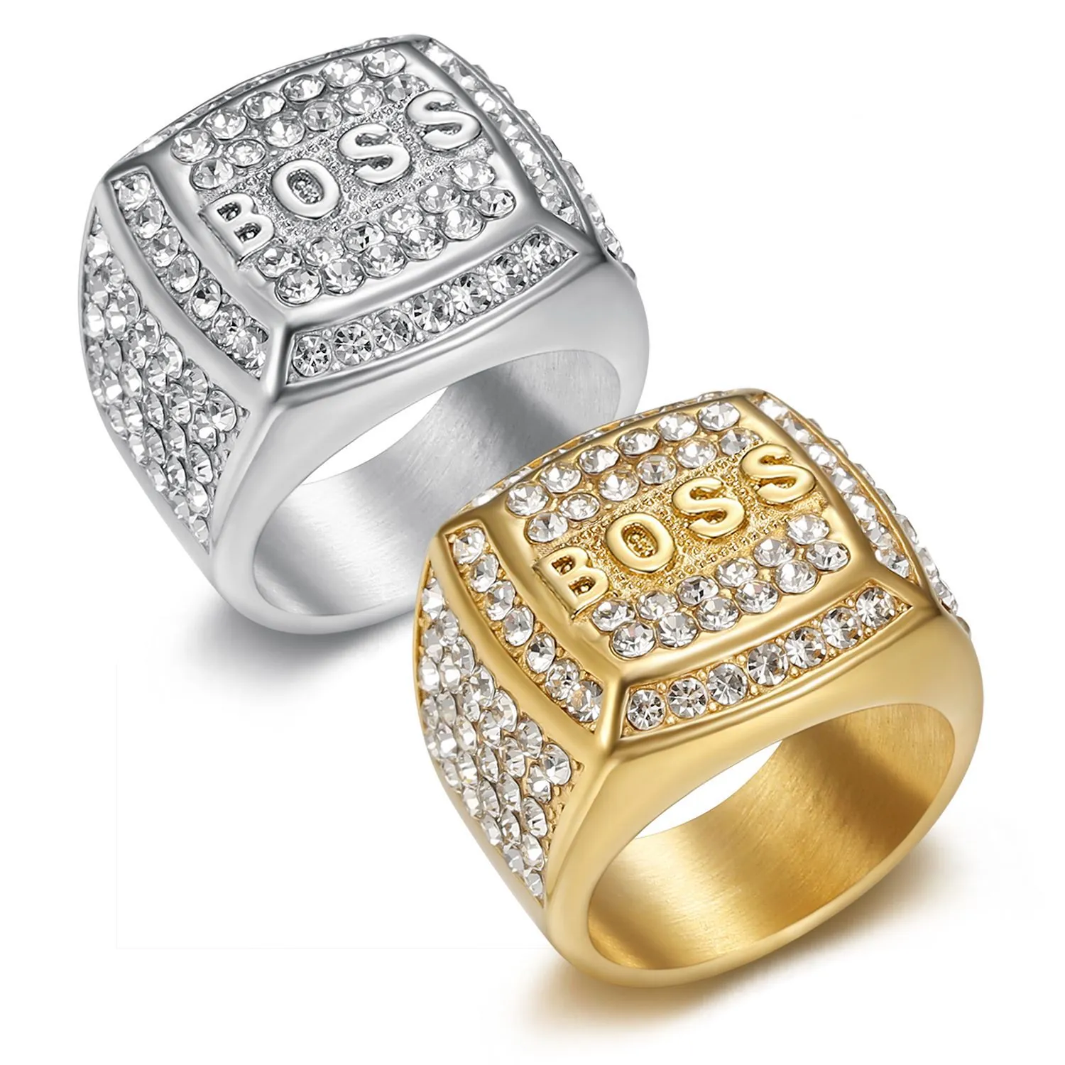 Hip Hop Men Letter Signet Ring Stainless Steel Gold Silver Plated Rhinestone Inlaid Square Band Fashion Jewelry