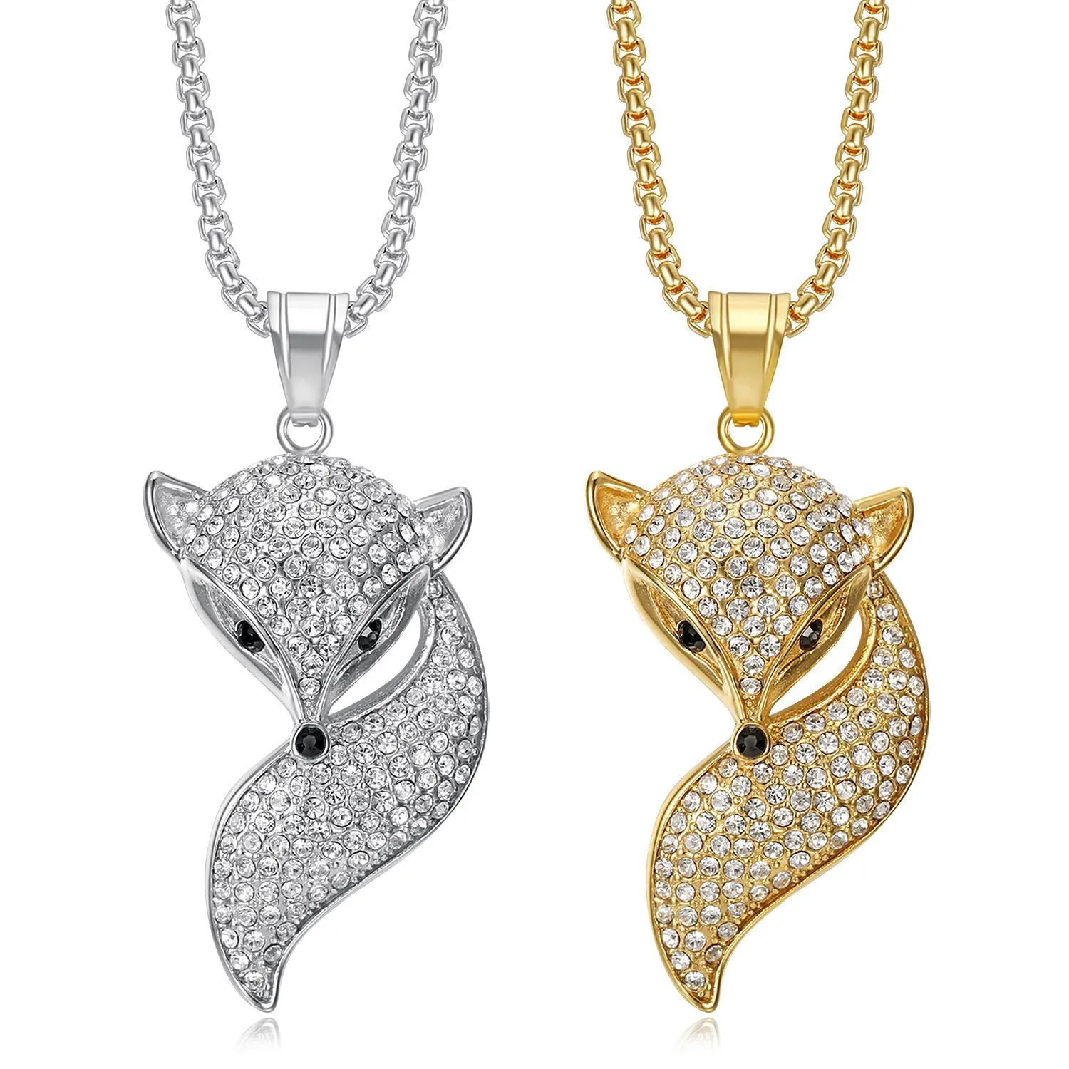 Collier Pendentif Renard en Acier Inoxydable Hip Hop pour Hommes Femmes Pendentif Animal avec Strass Pavé Bijoux Électroplaqués Or Argent Cadeau