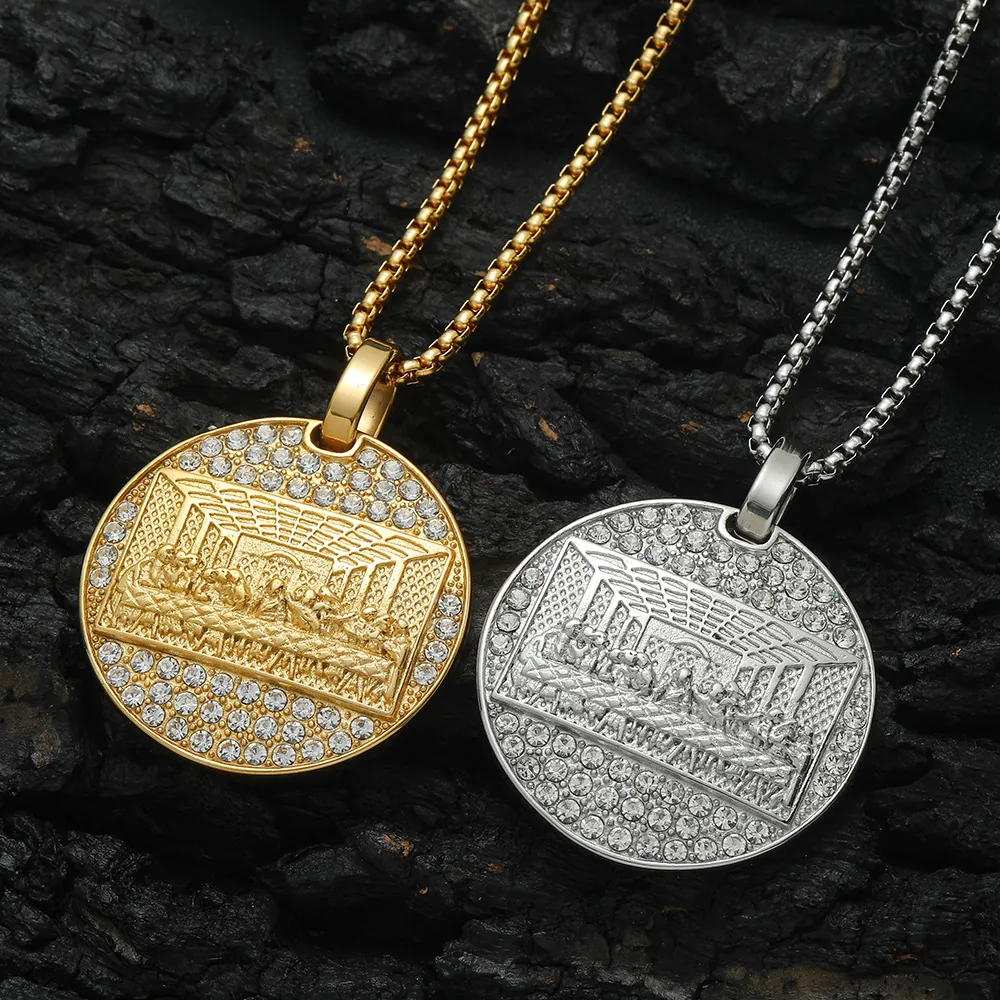 Hiphop Stainless Steel The Last Supper Pendant Necklace Round Religious Medallion With Rhinestones For Men Women Jewelry