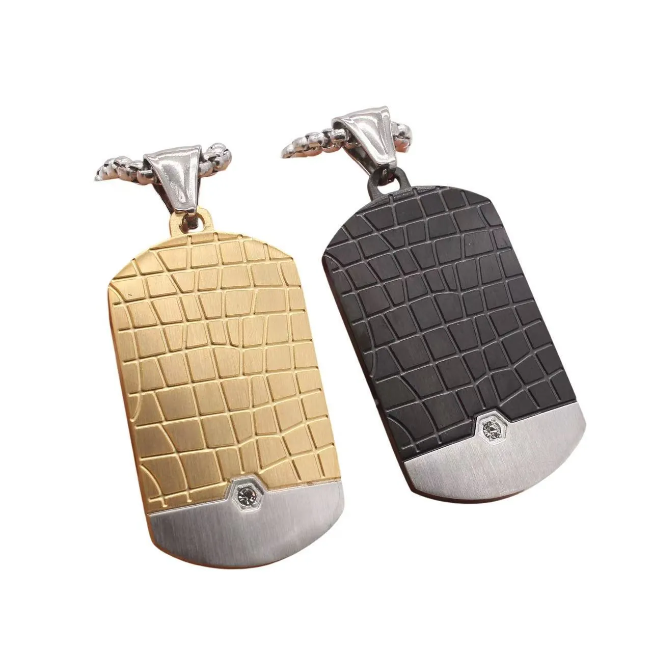 Titanium Steel Men Dog Tag Pendant Crocodile Texture Brushed Two Tone Rhinestone Inlaid Jewelry Pendant Without Chain
