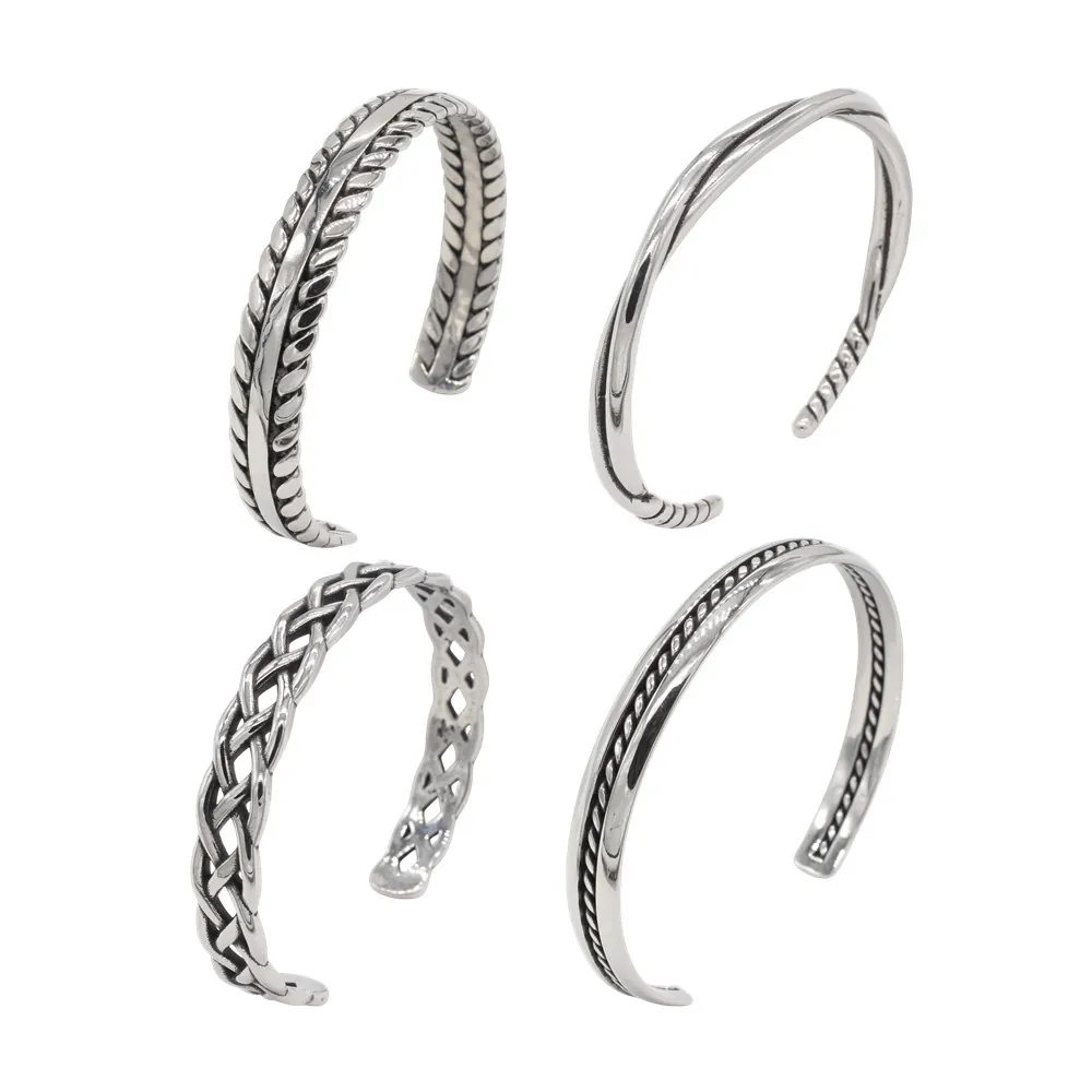 Vintage Titanium Steel Cuff Bracelet For Men Retro Open Adjustable Braided Geometric Twist Pattern Woven Bangle Jewelry