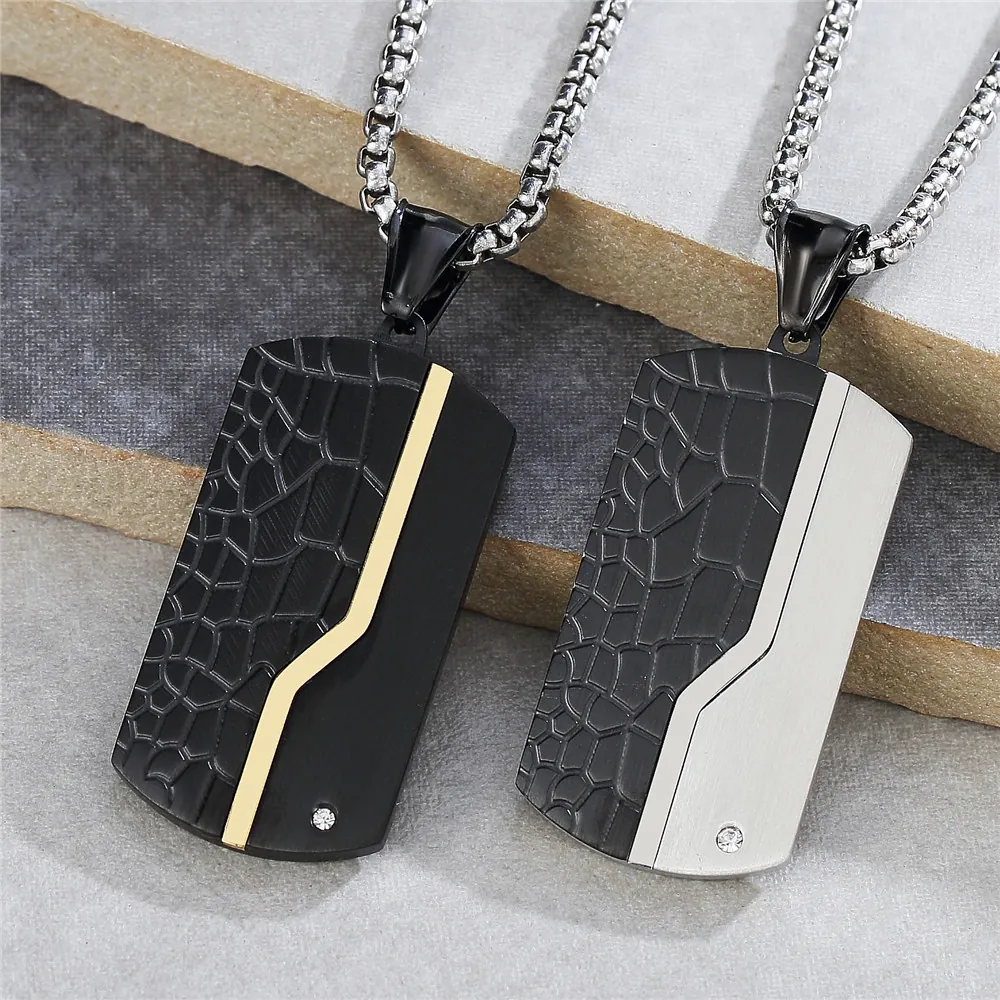 Men Titanium Steel Dog Tag Pendant Rhinestone Inlaid Crocodile Texture Brushed Rectangular Military Tag Pendant Only No Chain