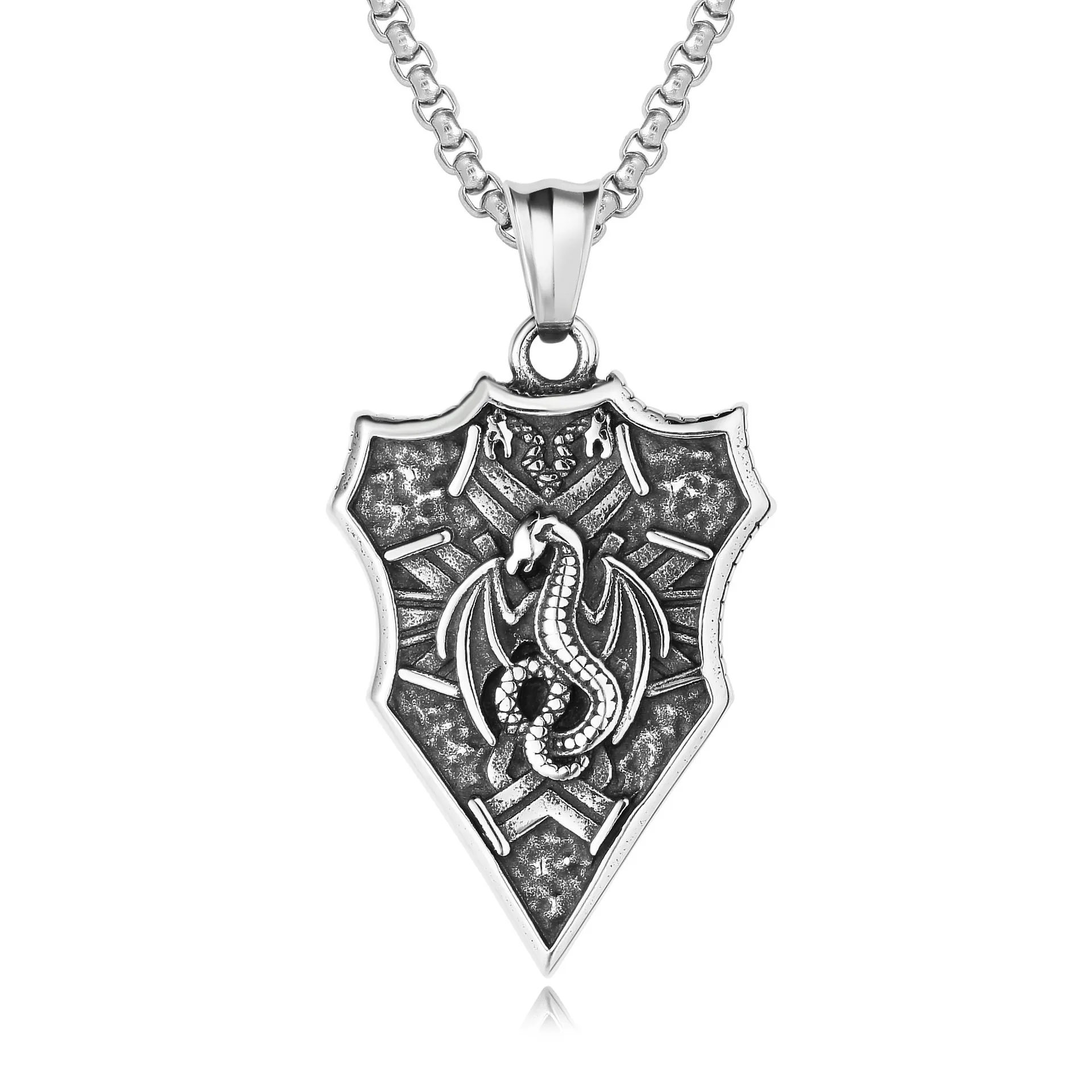 Vintage Titanium Steel Dragon Relief Shield Pendant For Men Retro Punk Gothic Oxidized Flying Dragon Jewelry Gift No Chain