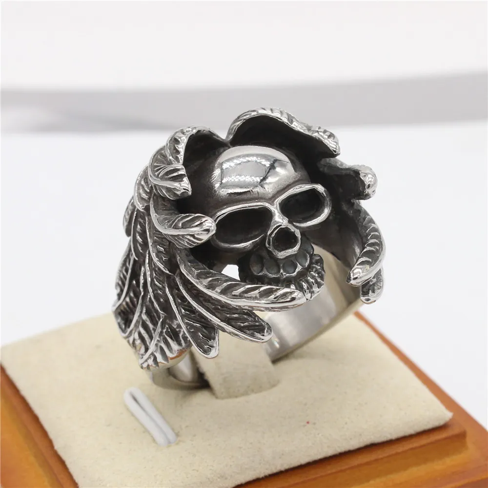 Punk Vintage Stainless Steel Skeleton Skull Wings Ring For Men Gothic Biker Band Ring Jewelry Antique Silver Color